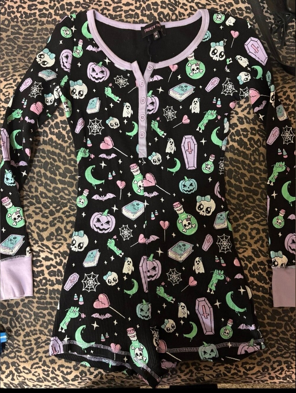 Glow In The Dark Black Halloween Print Ribbed Henley Romper with Pastel Accents